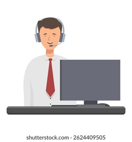 Friendly male customer service agent with a headset working at his computer