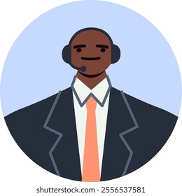 Friendly male customer service representative wearing a headset and suit, offering assistance and solutions with a smile, embodying professionalism and helpfulness in a modern business setting