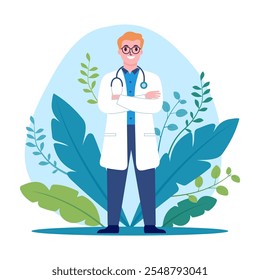 Friendly Male Doctor Cartoon Character Standing Crossing Hands with Floral Plant Decoration