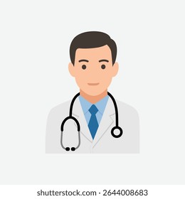 A friendly male doctor illustration wearing a white coat and stethoscope. Ideal for medical websites, apps, or educational materials.