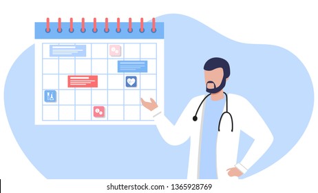 Friendly Male Doctor Near The Calendar. Work Schedule, Make An Appointment Online. Vector Illustration For Banner, Landing Page