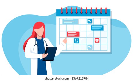 Friendly Male Doctor Near The Calendar. Work Schedule, Make An Appointment Online. Vector Illustration For Banner, Landing Page, App