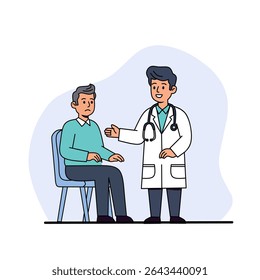 Friendly male doctor talking to an elderly male patient sitting on a chair. Medical consultation concept with cheerful physician giving advice in a hospital setting