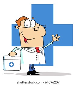 Friendly Male Doctor Waving Over A Blue Cross