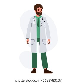 Friendly male doctor wearing a lab coat and stethoscope in a healthcare setting during daytime