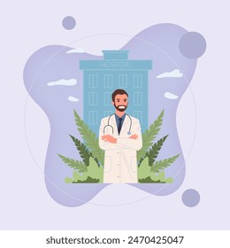 Friendly male doctor in white coat and with stethoscope. Hospital medical staff flat vector illustration. Occupation, clinic, consultation concept for banner, website design or landing web page