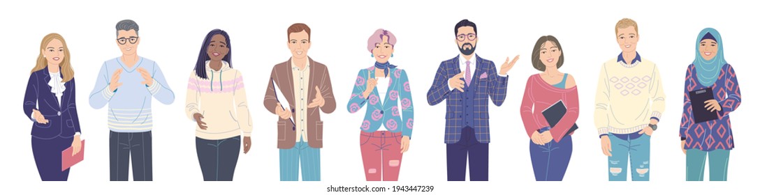 Personajes masculinos y femeninos amigables. Mujeres y hombres multiétnicos con ropa estricta e informal aislados en blanco. Equipo creativo, comunidad empresarial. Diversas personas vectoriales ilustraciones de caricaturas planas. 