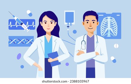 Friendly male and female doctors, background with medicine, IV bag, heart rate, DNA, syringe. Vector illustration