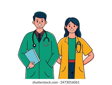 Friendly Male and Female Doctors. Hand drawn style vector design illustrations.