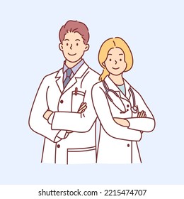 Amigables médicos hombres y mujeres juntos. Concepto de equipo médico. Ilustración del vector con estilo dibujado a mano