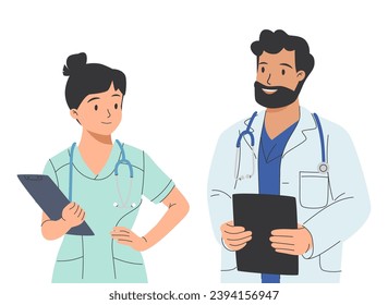 Friendly Male and Female Doctors standing together. Concept of medical team. Vector illustration in hand drawn style