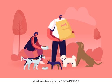 Friendly Male and Female Volunteer Characters Feeding Dogs in Animal Shelter or Pound. Young Woman Giving Food to Homeless Puppies in Bowl, Man Hold Nutrition Package. Cartoon Flat Vector Illustration