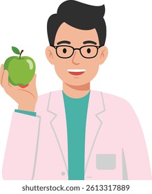 A friendly male nutritionist in a white lab coat smiles while holding a green apple, promoting healthy eating in a vibrant, minimal style.