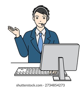 Friendly male operator typing on keyboard and gesturing hand
