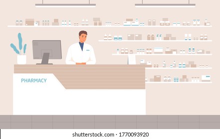 Friendly male pharmacist standing at counter in pharmacy vector flat illustration. Positive seller in white medical coat working at drugstore. Man apothecary at pharma store interior