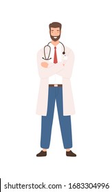 Friendly male physician wearing stethoscope posing vector flat illustration. Positive doctor in white coat standing with crossed hands isolated on white. Medical staff in uniform