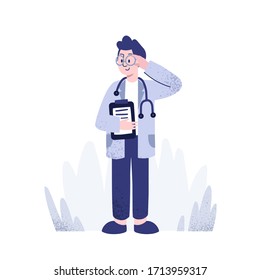 Friendly male physician wearing stethoscope and glasses holding a clipboard vector flat illustration. Positive doctor in white coat standing isolated on white. Medical staff in uniform