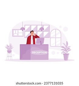 A friendly male receptionist receives a telephone call at the work desk. Hotel Receptionist concept. Trend Modern vector flat illustration