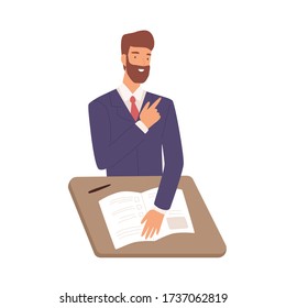 Friendly male in suit sitting at table during job interview vector flat illustration. Smiling bearded man writing test isolated on white background. Happy guy HR manager looking cv applicant