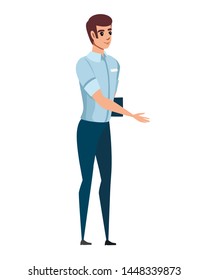 Friendly man extends his hand in greeting cartoon character design flat vector illustration isolated on white background