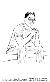 Hombre amistoso con gafas en el arte casual elegante de la línea del traje
Hombre sonriente con gafas y una camiseta sentado cómodamente. Estilo de vida casual inteligente, profesional amigable, educación y pensador creativo.