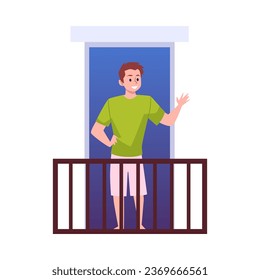 Friendly man greeting neighbors from balcony of his apartment, flat vector illustration isolated on white background. Good neighborliness and friendly environment concept.