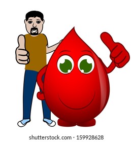 friendly man with a large drop of blood making a sign of positivism