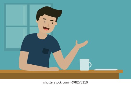 A friendly man talking on table bar in coffee shop.