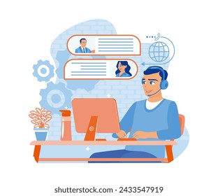 Friendly man wearing a headset talking to a client and looking at a computer screen. Woman with phone calling to customer support service concept. Flat vector illustration.