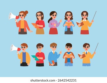 friendly man and woman character hold book, smile male and female teacher wear eyeglasses and teaching, use megaphone to announcing, presenting pointing finger, read out loud illustration