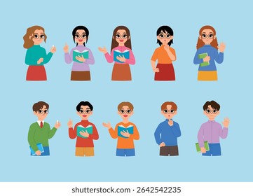 friendly man and woman character hold book, smile male and female teacher wear eyeglasses and teaching, pointing hand, presenting, be quiet, raising and waving hand isolated illustration