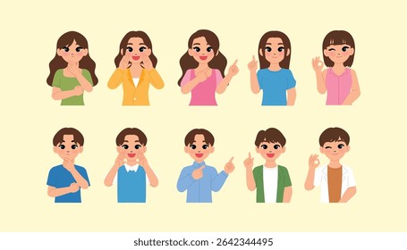 friendly man and woman hand on chin and curious, smile female and male character waving hand , shouting, announcement, pointing finger, presenting, index finger, finger up ok hand gesture illustration