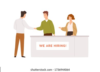 Friendly man and woman head hunter shaking hands with candidate during hiring process vector flat illustration. Professional recruiter and male after interview isolated on white background