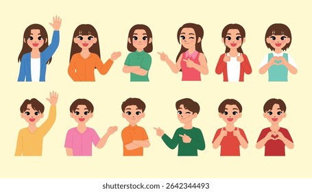 friendly man and woman making heart hand , smile female and male waving hand , presenting, pointing hand, cross arm over chest, confident, pointing finger, thumps up , love gesture, illustration