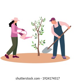 A friendly man and woman plant and water a tree. Gardener with a watering can. A man with a shovel. Environmental protection concept. Vector flat design illustration. Square layout.