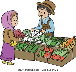 Friendly Market Scene with a Farmer and a Woman Buying Fresh Vegetables - Vector Illustration
