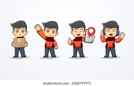 friendly mascot delivery man collection orange jacket
