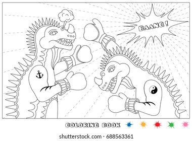 Friendly match. Dino boxing. Coloring book. Vector illustration.