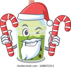 Friendly matcha bubble tea in Santa Cartoon character having candies