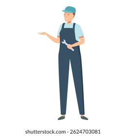 Friendly mechanic is holding a wrench and gesturing with his hand, as if explaining something