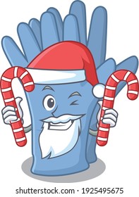 Friendly medical gloves dressed in Santa Cartoon character with Christmas candies