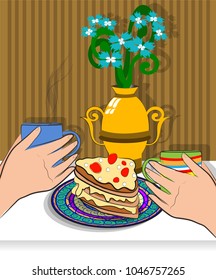 A friendly meeting with coffee and a delicious cake on the background of striped wallpaper and a yellow vase with blue flowers