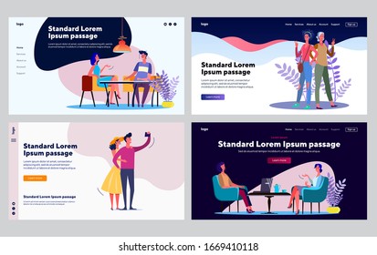 Friendly meeting collection. Young couple, friends, mother and daughter meeting. Flat vector illustrations. Communication, friendship, family concept for banner, website design or landing web page