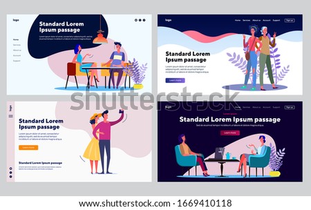 Friendly meeting collection. Young couple, friends, mother and daughter meeting. Flat vector illustrations. Communication, friendship, family concept for banner, website design or landing web page