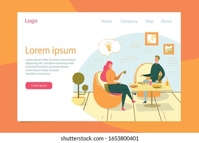 Friendly Meeting Flat Vector Landing Page Template. Colleague Having Lunch Break at Pizzeria Web Banner Layout. Man and Woman Eating Pizza and Talking. Friends Cartoon Characters Conversation