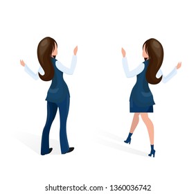 Friendly Meeting Girlfriends Vector Illustration. Attractive Woman on Left Wearing Pantsuit, Woman on Right is Wearing Skirt and Vest. White Background Two Slender Women Back View.