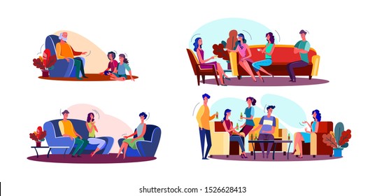 Friendly meeting illustration set. Children visiting grandpa, people talking in living room, friends enjoying party. Communication concept. Vector illustration for banners, posters, website design