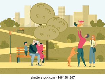 Friendly Meeting Relative in Beutiful City Park. Young Couple Walking in Park with Large Family. Dad Throw his Daughter in his Arm. Grandparent Sitting on Bench and Watching Peacefully.