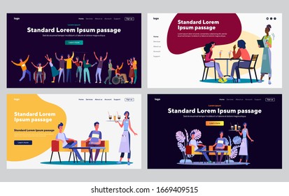 Friendly meeting set. Friends talking in cafe, diverse people having fun. Flat vector illustrations. Communication, community, friendship concept for banner, website design or landing web page