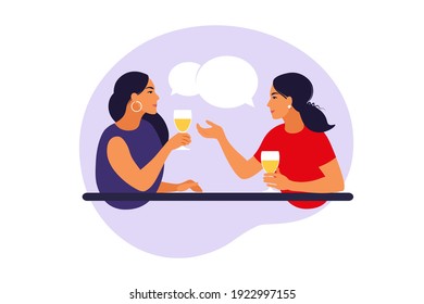 Friendly meeting women concept. Cheerful women sitting at table, talking, laughing, drinking wine. Vector illustration. Flat.